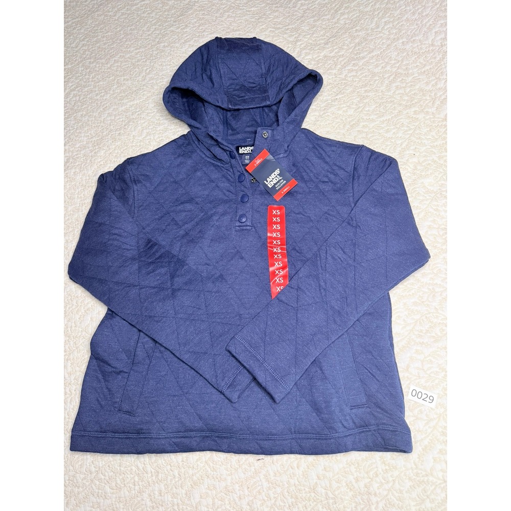 Lands End Womens Quilted Pullover Hoodie Blue Snap Neck Sweatshirt XS 0-2 NWT